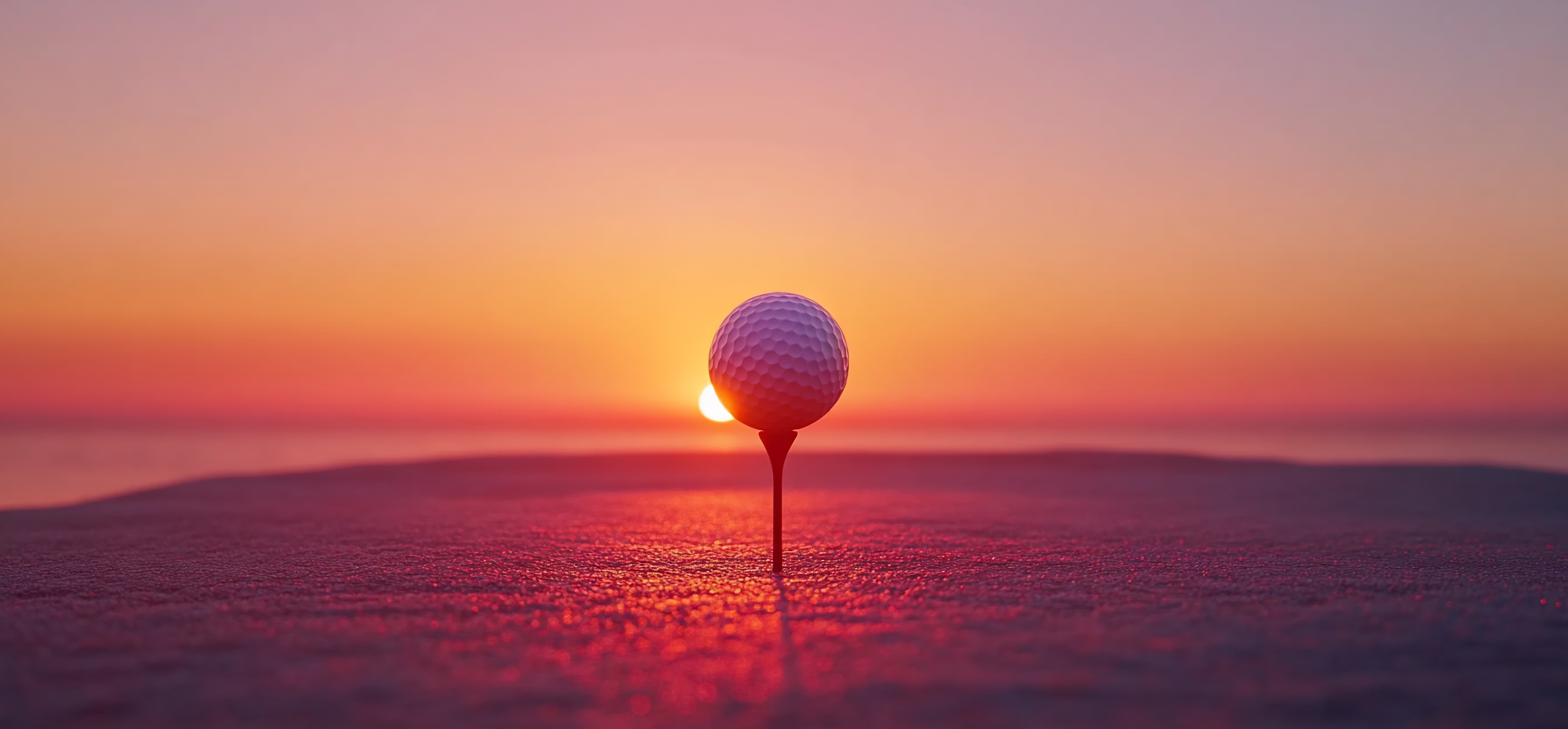 A golf ball teed up at sunset.